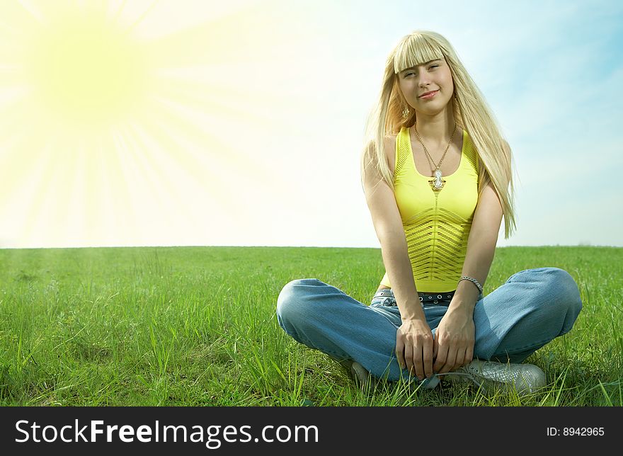 Woman in field hold hand palm up
