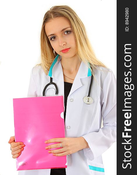 Beautiful lady doctor on white background