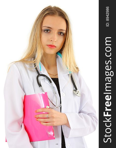 Beautiful lady doctor on white background