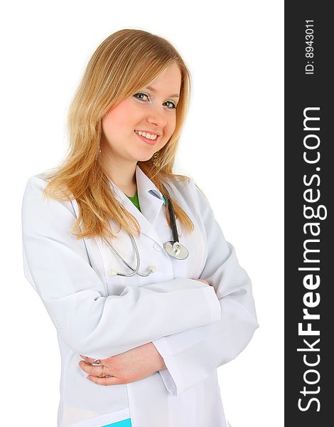 Beautiful lady doctor on white background