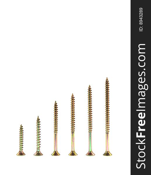 Golden Brass Wood Screws on white background macro.