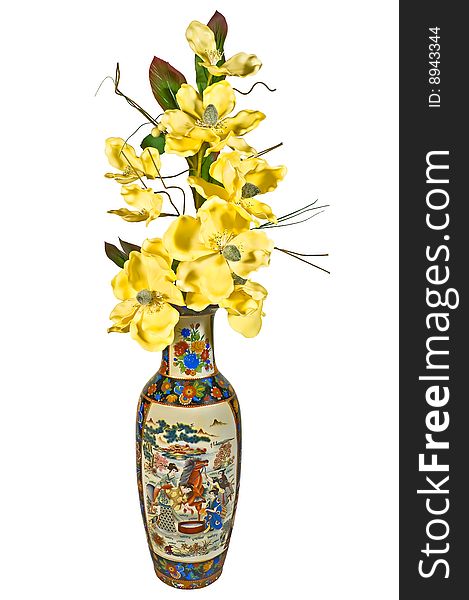 A sunny happy bouquet in chinese vase isolated on white background. A sunny happy bouquet in chinese vase isolated on white background