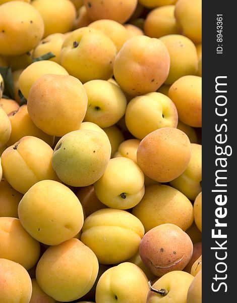 Fresh apricots in the sunlight on a market