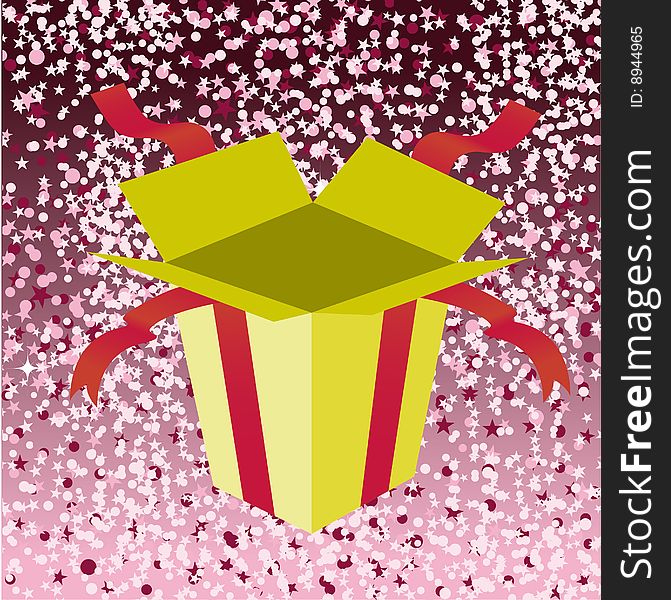 Vector Illustration of open birthday giftbox on the shiny background.