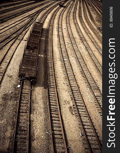 Railway tracks and car in train depot