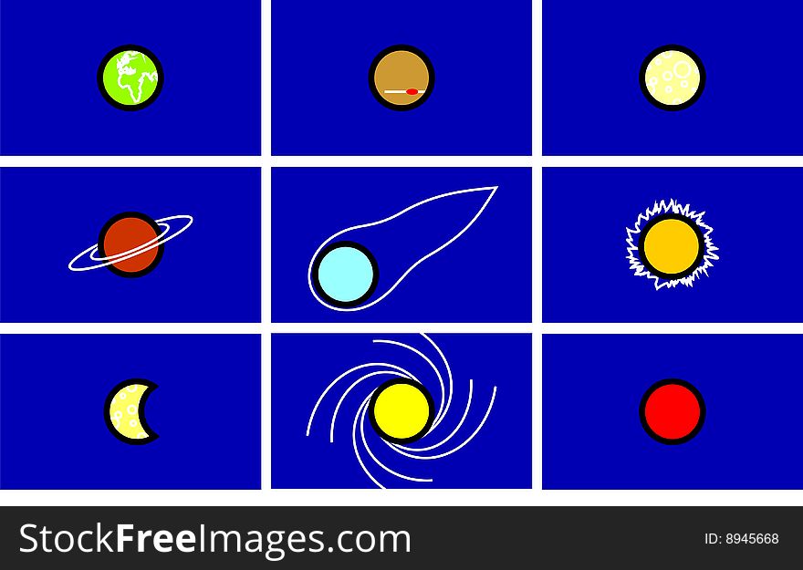 Nine symbols of astronomical objects. Nine symbols of astronomical objects
