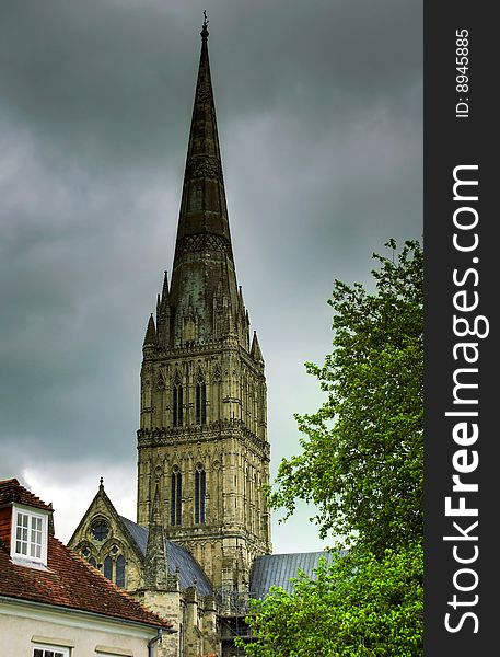 Spire of Salisbury Cathedral on an overcast day. Spire of Salisbury Cathedral on an overcast day