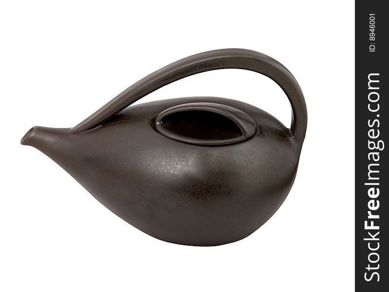 Brown ceramic teapot on white background. With clipping path.