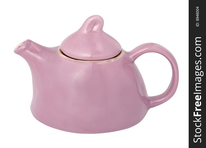 Pink ceramic teapot on white background. With clipping path.