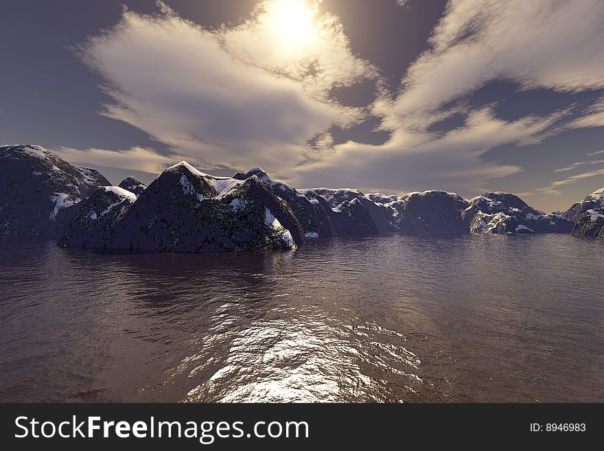 Snow capped mountains with lake. Snow capped mountains with lake