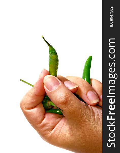 Close up capture on hand hold green spicy chili. Close up capture on hand hold green spicy chili