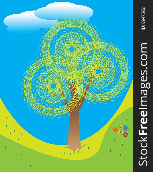 A tree with spiral foliage is featured in an abstract nature illustration. A tree with spiral foliage is featured in an abstract nature illustration.