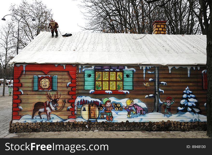 Wood house with cartoon, house in fairy tale