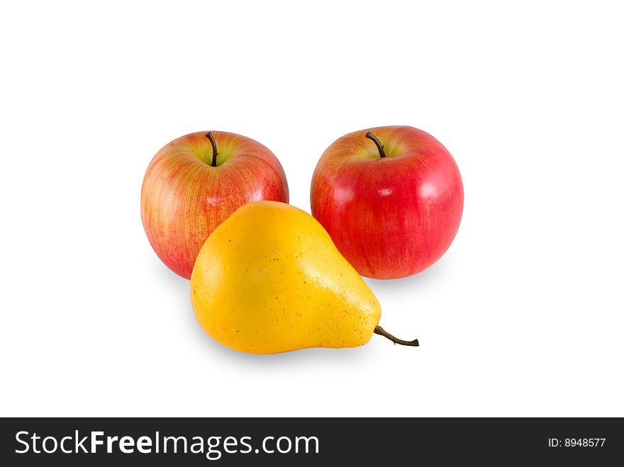 Two apples and pear are photographed on the white background