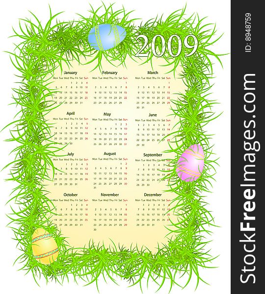 Vector illustration of Easter calendar, starting from Mondays