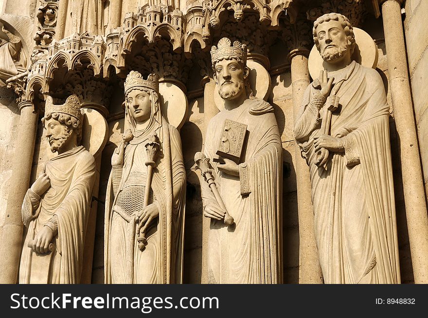 Statues at the entrance of Notre Dame Cathedral, Paris