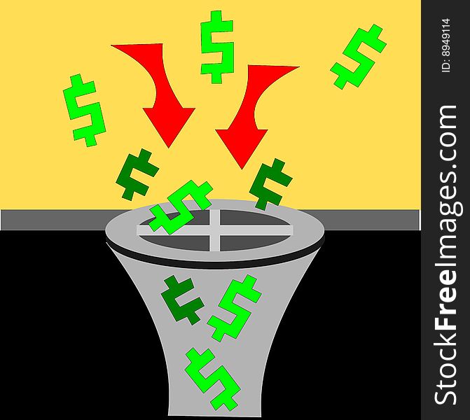 Dollar and cent symbols going down the drain. Dollar and cent symbols going down the drain