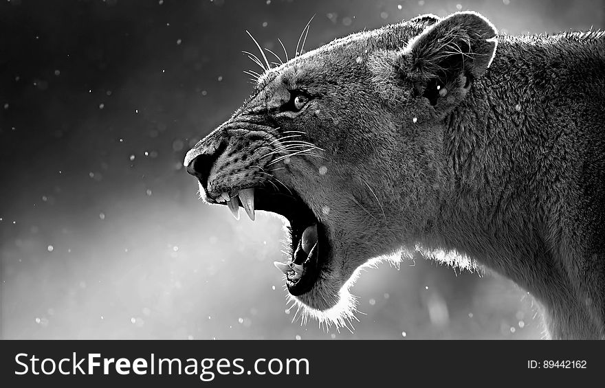 A black and white close up of a roaring lioness.