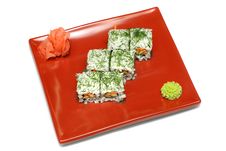 Plate With Six Rolls, Ginger And Wasabi Royalty Free Stock Photography Plate With Six Rolls, Ginger And Wasabi Royalty Free Stock Photography