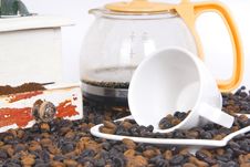 Cup Of Coffee Over Coffee Grain With Coffee Pot Stock Photo Cup Of Coffee Over Coffee Grain With Coffee Pot Stock Photo