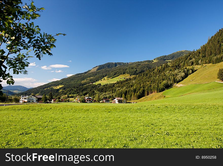 Alpine chalets and meadows under the mountains