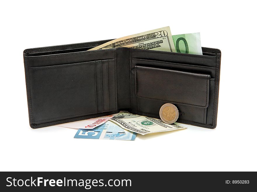 Black wallet, banknotes and coins on white background. Black wallet, banknotes and coins on white background