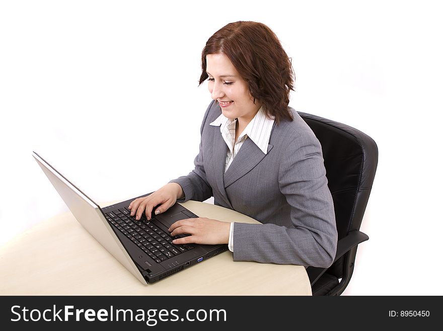 Woman with laptop on a white background