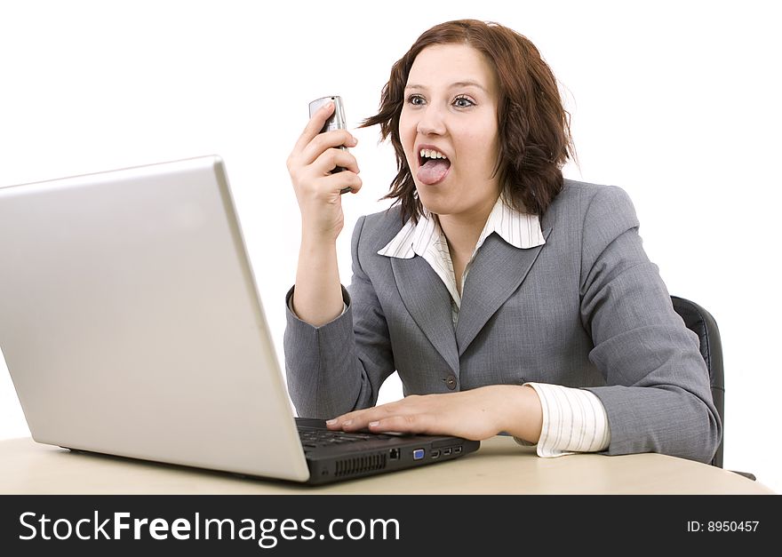 Woman with laptop on a white background