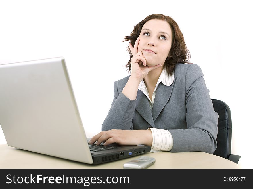 Woman with laptop on a white background
