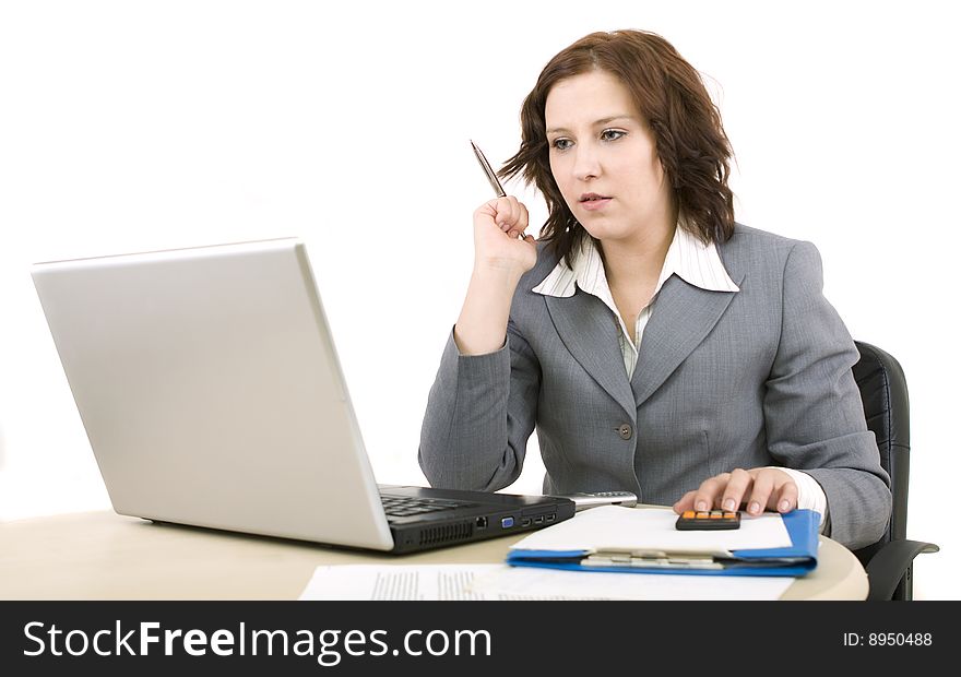 Woman with laptop on a white background