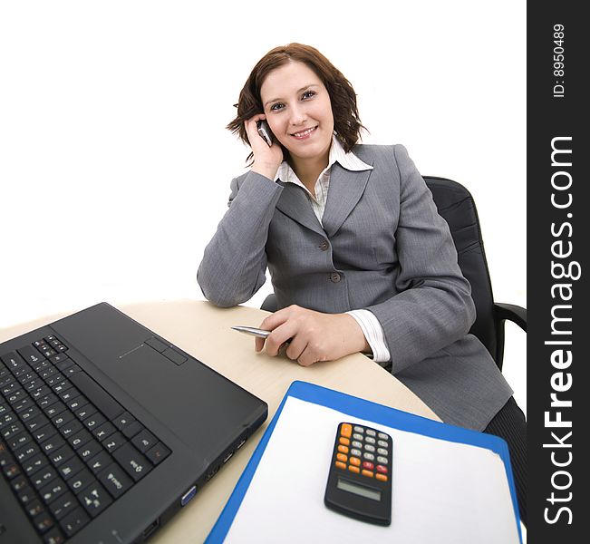 Woman with laptop on a white background