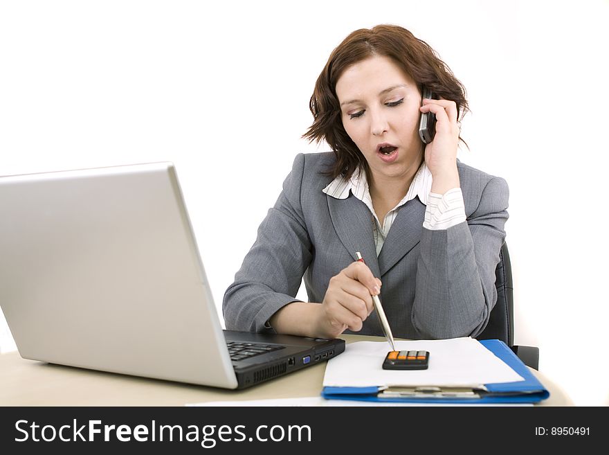 Woman with laptop on a white background