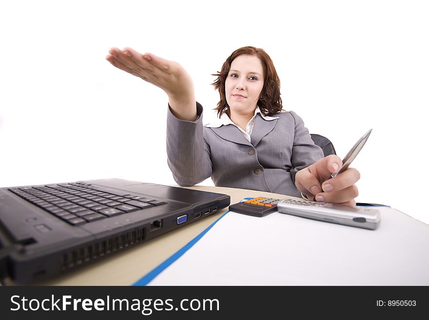 Woman with laptop on a white background