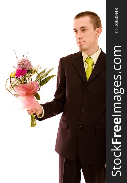 Man with flowers on white background
