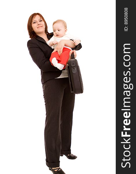 Businesswoman with baby on white