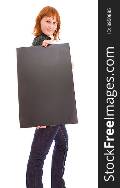 Woman holding black banner on white. Woman holding black banner on white