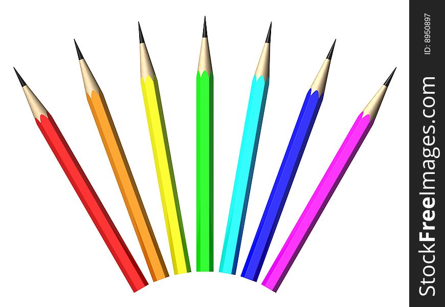 Seven color pencils on isolated background (3D)