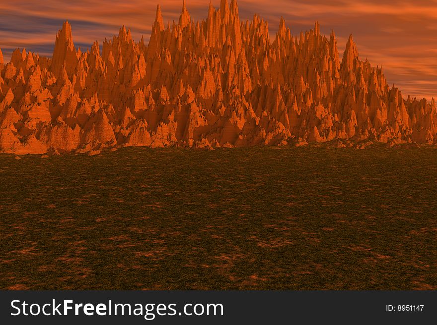 A brilliant mountain and landscape with bright orange sky. A brilliant mountain and landscape with bright orange sky.