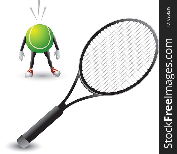Isolated Tennis racket looks at anxious tennis ball cartoon character. Isolated Tennis racket looks at anxious tennis ball cartoon character.