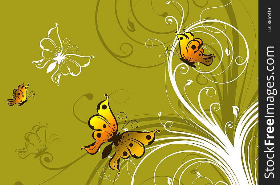 Floral Abstract Background With Butterflies.