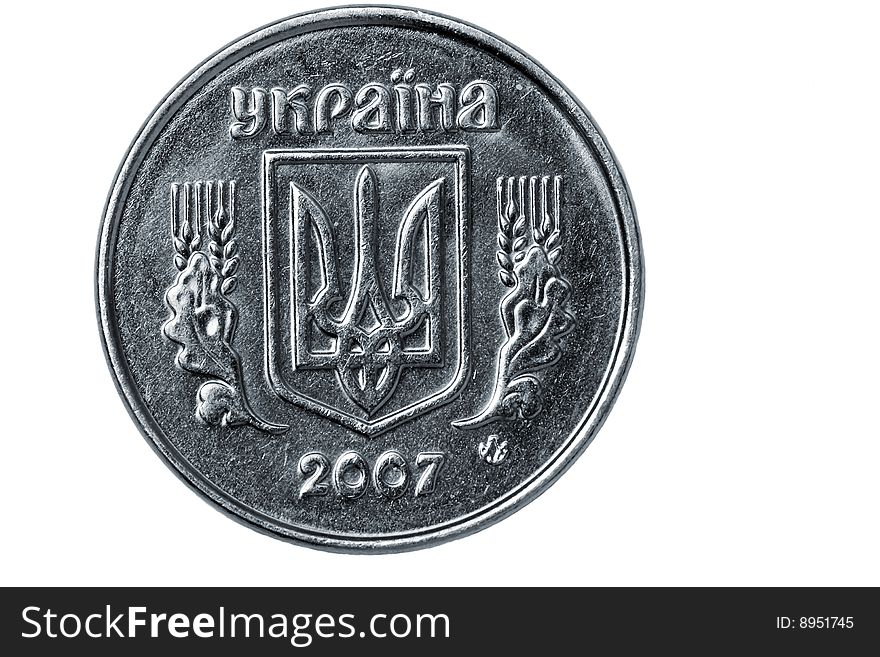 Ukrainian cheapest coin with traditional trident on revers (monochrome image). Ukrainian cheapest coin with traditional trident on revers (monochrome image)