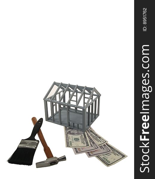 Model frame home with tools and currency on a white background. Model frame home with tools and currency on a white background.