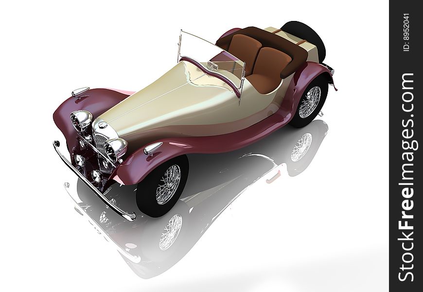 Old car. 3d render. Isolated on mirror plane