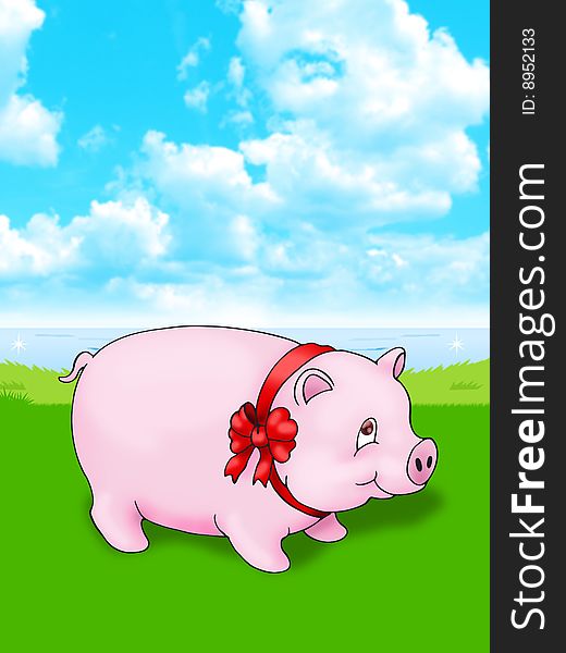 Pig using red ribbon on outdoor background