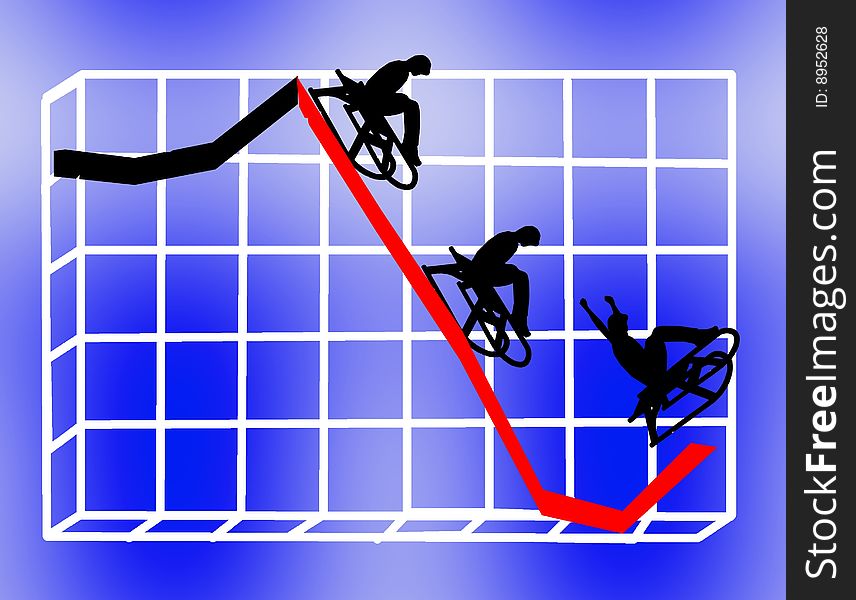 People on sleds riding the economic downturn graph. People on sleds riding the economic downturn graph