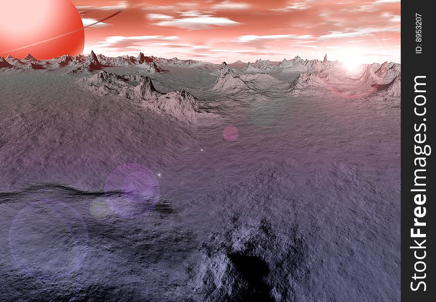 Computer rendered scenery, mountains and planet over red sky. Computer rendered scenery, mountains and planet over red sky