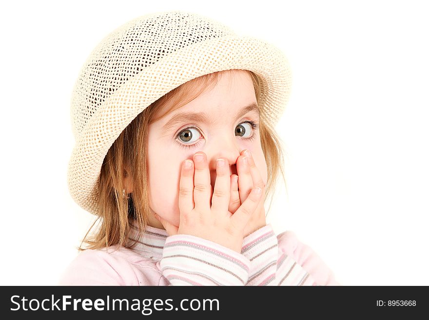 Portrait of young girl in hat with hands on face and shocked exp