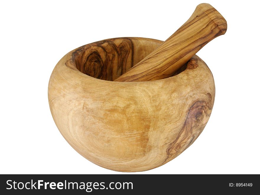 Mortar and pestle from an olive tree on a white background
