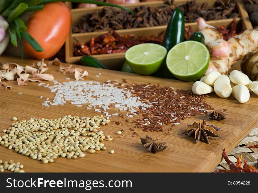 Arrangement of fresh herbs and spices