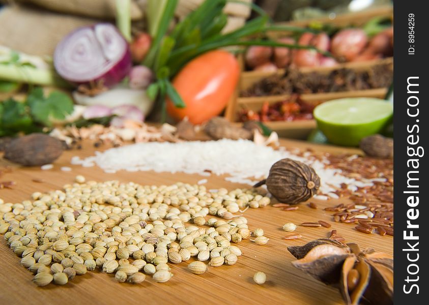 Fresh grains and spices with vegetables